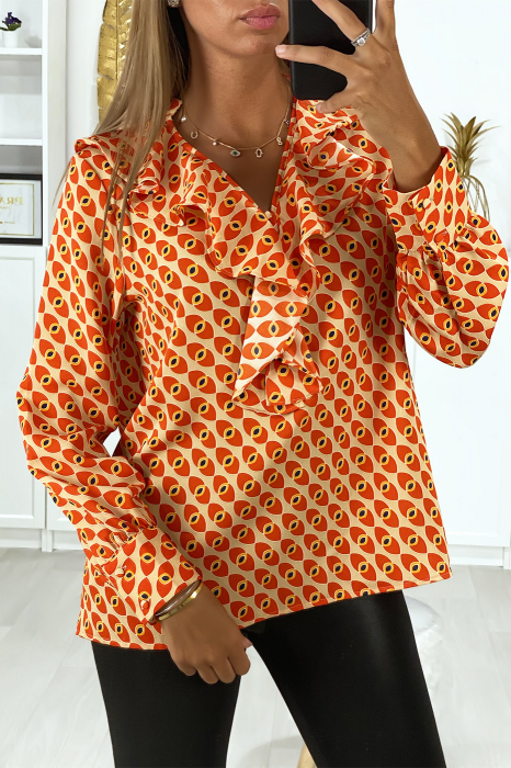 Blouse longue imprimé orange et jaune-rouge, volant au col