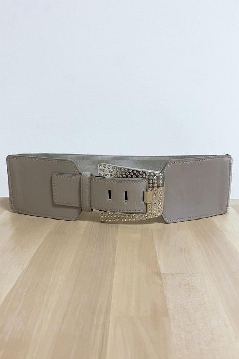 Ceinture large taupe clair avec boucle pailletée, fermeture élastique au dos