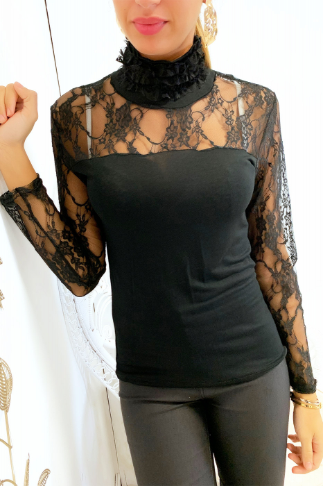 Joli petit top noir en lycra avec buste en dentelle et col