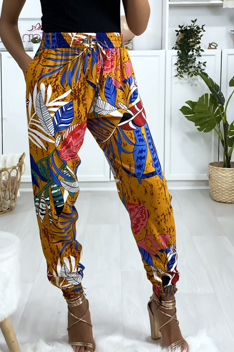 Pantalon fashion motif à fleur Moutarde