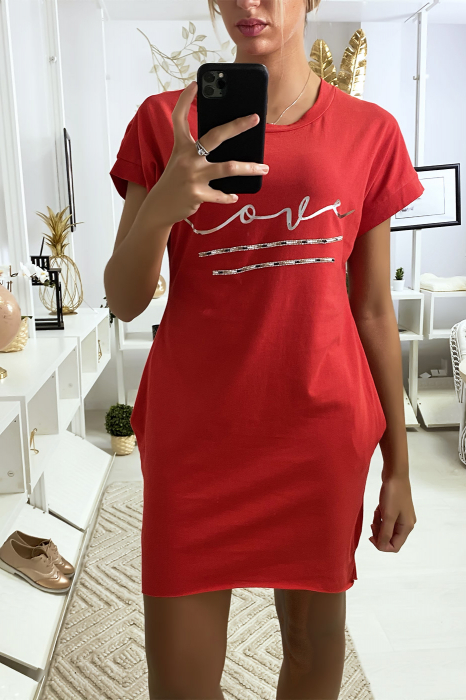 Robe tunique rouge avec écriture love argenté et strass