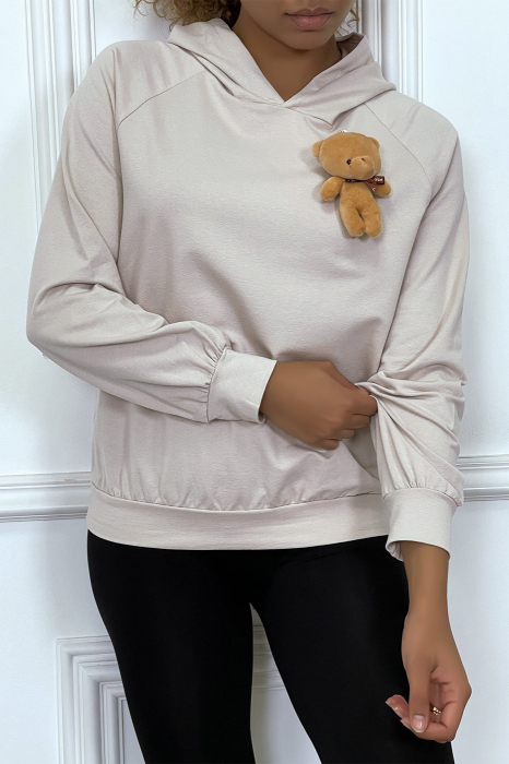 Sweat-shirt beige à capuche avec jolie pochette doudou