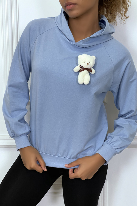 Sweat-shirt bleu clair à capuche avec jolie pochette doudou