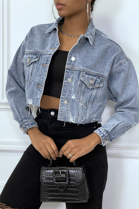 Veste en jeans courte effet destroy, top qualité