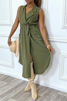 Belle robe longue et aérée kaki, type saharienne, stylée