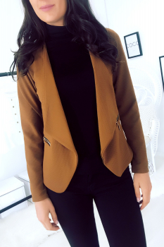 Blazer Camel à revers drapés, poches à zip dorés. 1459