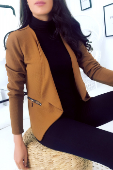 Blazer Camel à revers drapés, poches à zip dorés. 1459