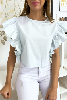 Blouse blanche manche courte évasée Bleu