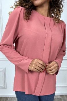 Blouse chemisier fuchsia, double pli avant, col rond, boutons manches longues