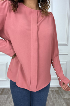 Blouse chemisier fuchsia, double pli avant, col rond, boutons manches longues