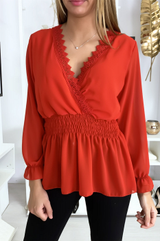 Blouse col en dentelle resserré à la taille Rouge