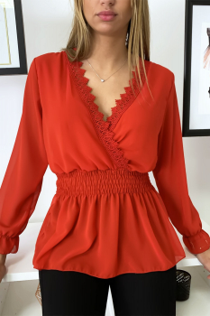 Blouse col en dentelle resserré à la taille Rouge
