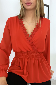 Blouse col en dentelle resserré à la taille Rouge