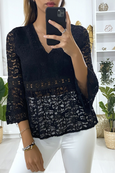 Blouse dentelle manches évasées Noir