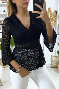 Blouse dentelle manches évasées Noir