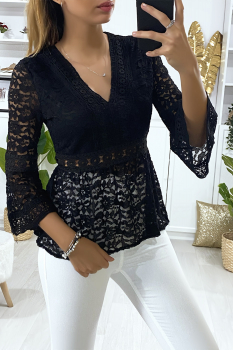 Blouse dentelle manches évasées Noir
