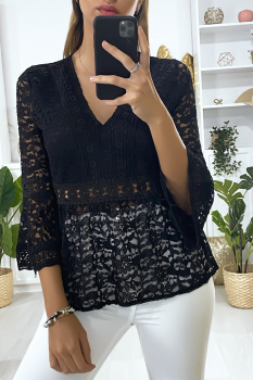 Blouse dentelle manches évasées Noir