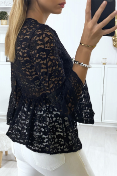 Blouse dentelle manches évasées Noir