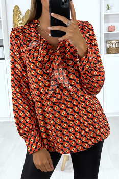 Blouse longue imprimé noir et rouge-orangé, volant au col