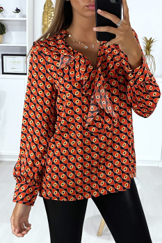 Blouse longue imprimé noir et rouge-orangé, volant au col