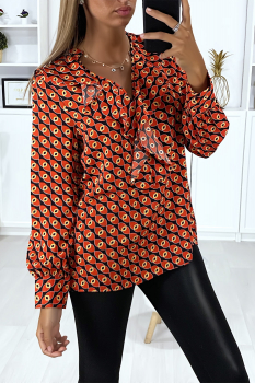 Blouse longue imprimé noir et rouge-orangé, volant au col