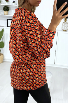 Blouse longue imprimé noir et rouge-orangé, volant au col