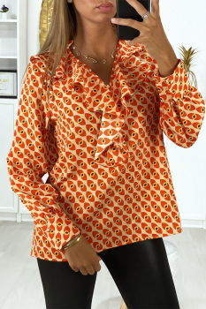 Blouse longue imprimé orange et jaune-rouge, volant au col