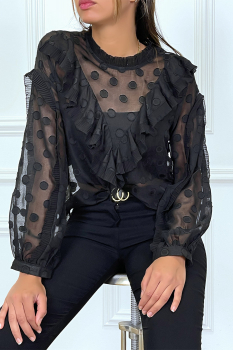 Blouse noire apprêtée, voile et transparence aux manches et col 