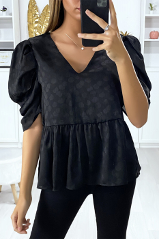 Blouse noire longue vaporeuse à relief et manches bouffantes, joli col V arrière