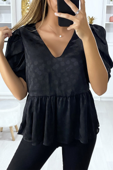 Blouse noire longue vaporeuse à relief et manches bouffantes, joli col V arrière