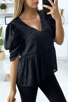 Blouse noire longue vaporeuse à relief et manches bouffantes, joli col V arrière