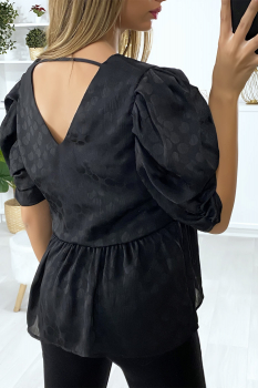 Blouse noire longue vaporeuse à relief et manches bouffantes, joli col V arrière