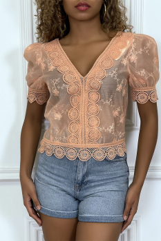 Blouse rose saumon ajourée, col V
