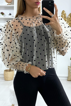 Blouse voile transparent motif à pois Beige