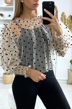 Blouse voile transparent motif à pois Beige