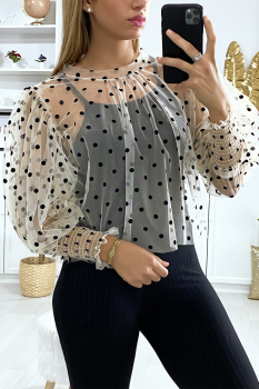 Blouse voile transparent motif à pois Beige