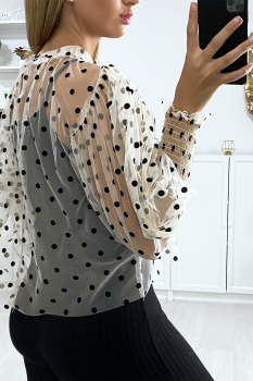 Blouse voile transparent motif à pois Beige