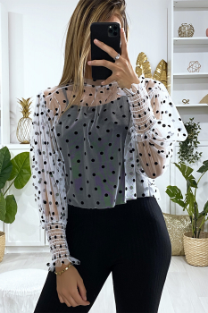 Blouse voile transparent motif à pois Blanc