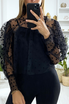 Blouse voile transparent motif à pois Noir