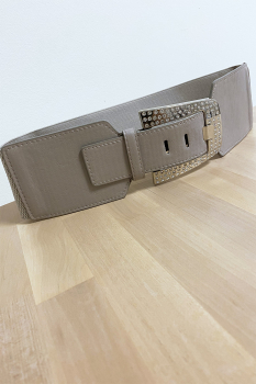 Ceinture large taupe clair avec boucle pailletée, fermeture élastique au dos