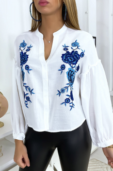 Chemise brodée à motif fleuri Blanc