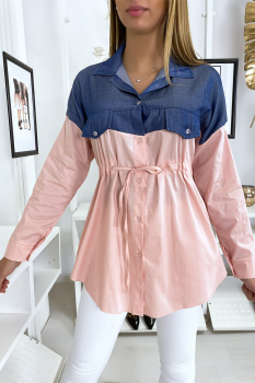 Chemise jeans bicolore à noeud Rose