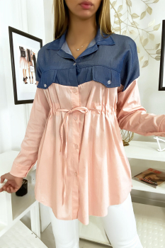 Chemise jeans bicolore à noeud Rose