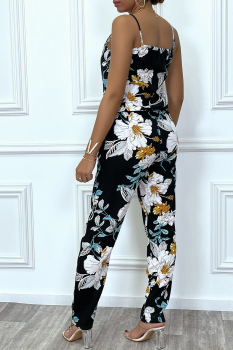 Combi-pantalon noire, imprimé floral jaune et turquoise