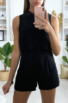 Combinaison top dentelle + short couleur unie Noir