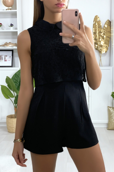 Combinaison top dentelle + short couleur unie Noir
