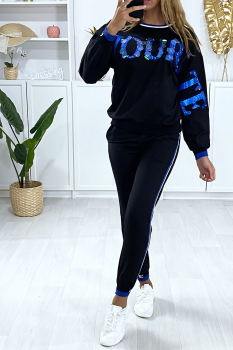 Ensemble jogging noir avec écriture FAVOURITE en paillette et strass vert