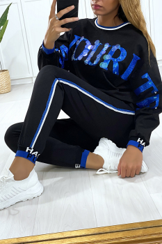 Ensemble jogging noir avec écriture FAVOURITE en paillette et strass vert