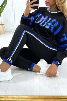 Ensemble jogging noir avec écriture FAVOURITE en paillette et strass vert
