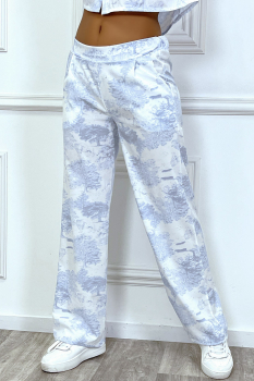 Ensemble palazzo et chemisier, motif nature bleu clair et blanc